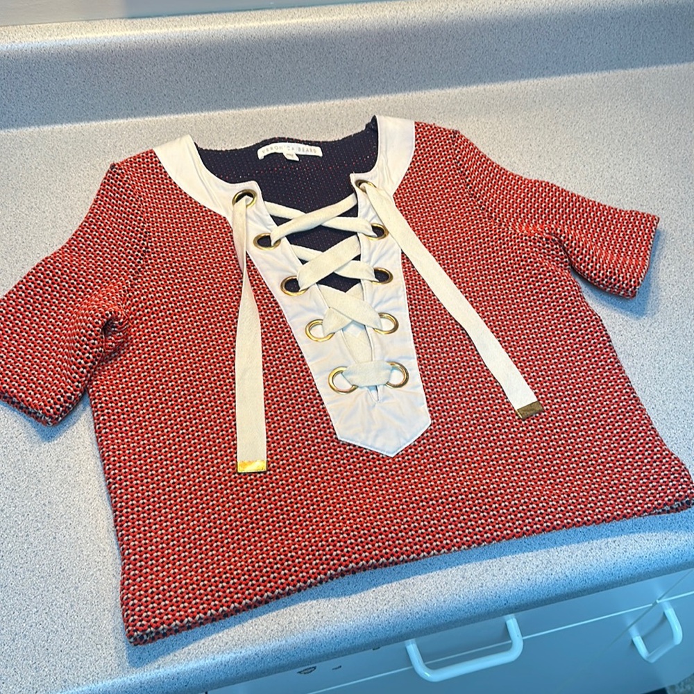 Veronica Beard Red and Cream Lace-Up Top